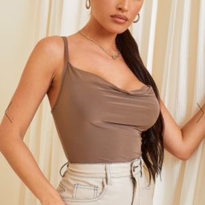 PrettyLittleThing - Chocolate Soft Touch Cowl Neck Bodysuit